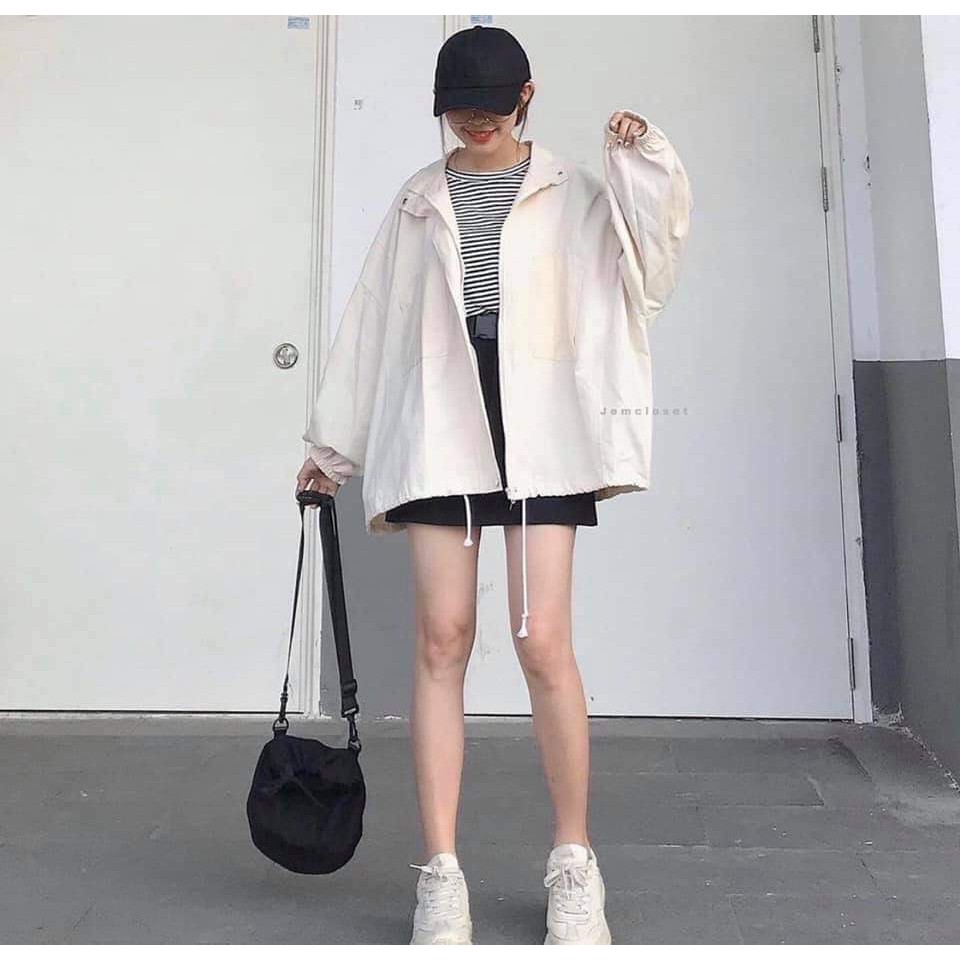 ÁO KHOÁC KAKI HARA BASIC UNISEX KHOÁ KÉO CÚC BẤM - JACKET SƠ MI TAY BỒNG FORM THỤNG ĐEN BE ULZZANG