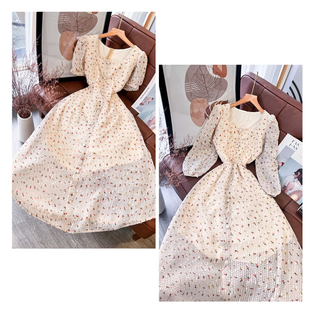 Đầm nữ dự tiệc thiết kế Rossy Fashion, Đầm midi ren hoa nhí bi nổi cổ vuông- SR190