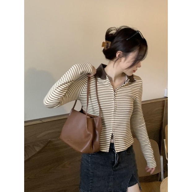 Áo thun cardigan tay dài kẻ sọc thời trang thu đông cho nữ 2021