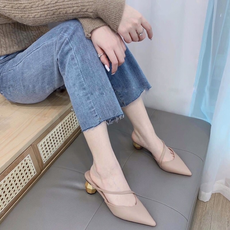GUỐC SỤC CAO GÓT TRÒN VÀNG MŨI NHỌN DA LÌ PHỐI QUAI CHÉO HÀNG ĐẸP
