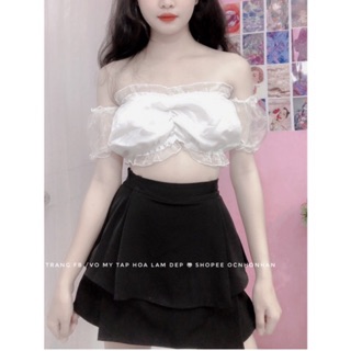 Set áo bẹt vai nhún phối chân váy tầng xoè