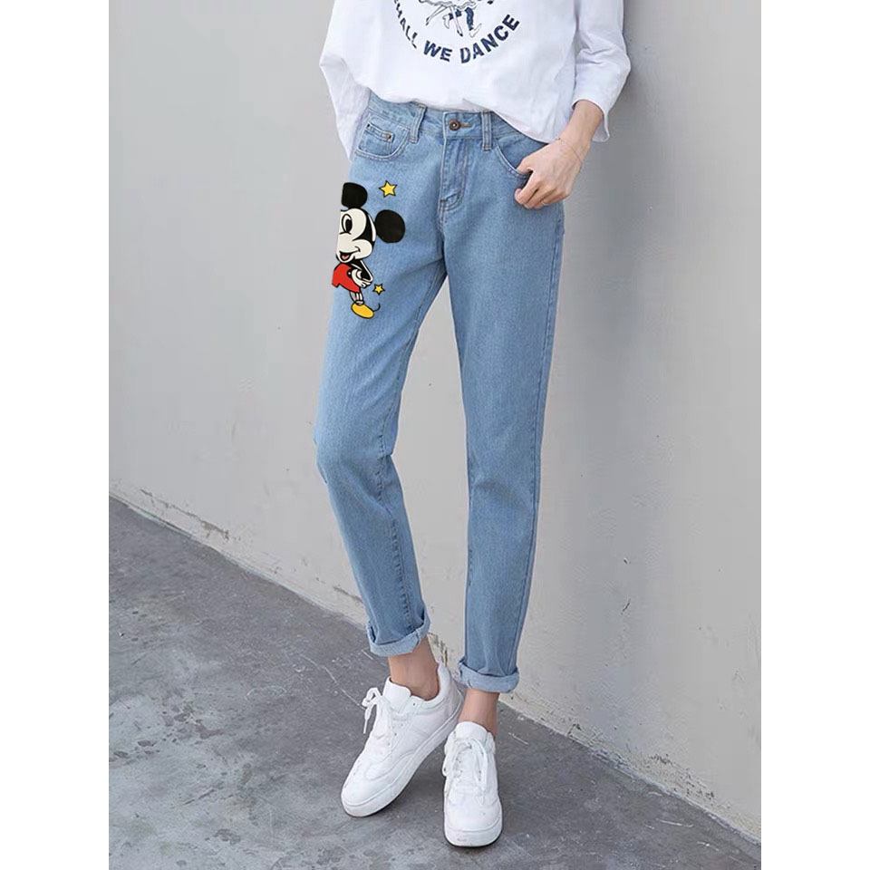 Quần jean baggy nữ in hình hoa cúc, mèo chuột mickey, kitty ngộ nghĩnh cute | BigBuy360 - bigbuy360.vn