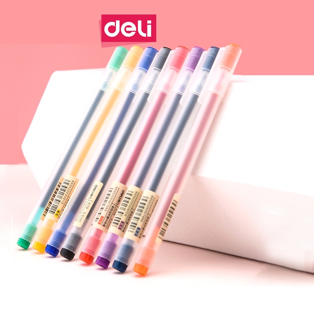 Bút bi văn phòng mực gel 0.5mm cute dễ thương nét chữ đều đẹp cao cấp nhiều màu xanh đen đỏ cam Deli A119