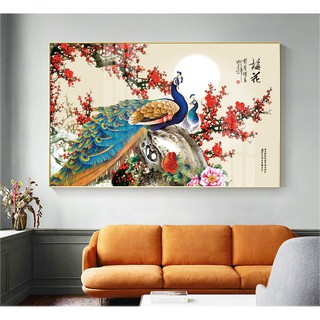 Tranh treo tường phong thủy chim công hoa mẫu đào bóng kiếng hoặc vải canvas 201901171811367132926