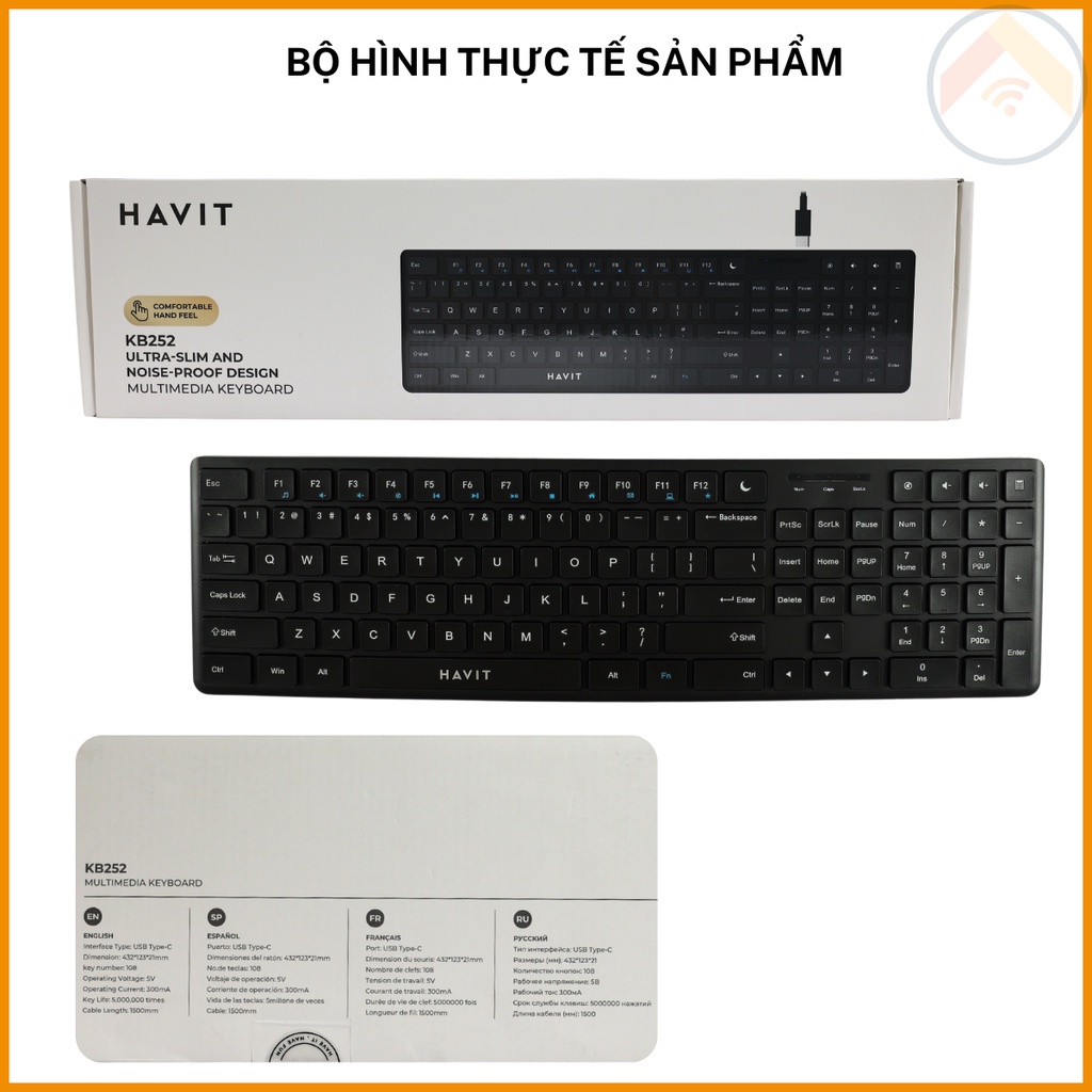 Bàn phím văn phòng có dây HAVIT KB252 Full-size 108 phím Cổng USB 1.5m Đen