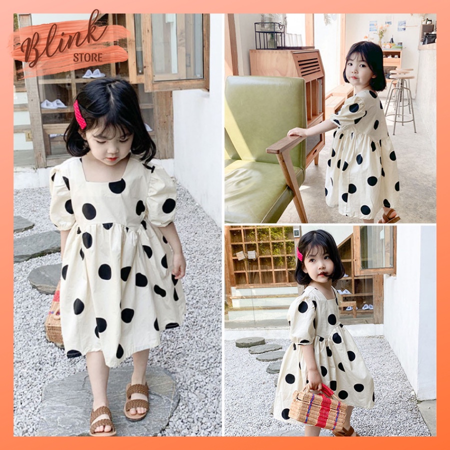 Váy bé gái váy trắng họa tiết chấm bi to, dáng tay bồng babydoll  siêu xinh chất liệu cotton thô mát 3-8 tuổi  VTE06