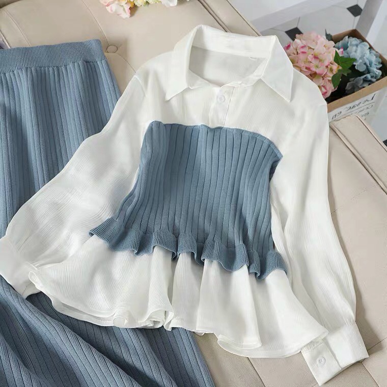 Sét thời trang áo len phối voan sơ mi và chân váy ren xe tà