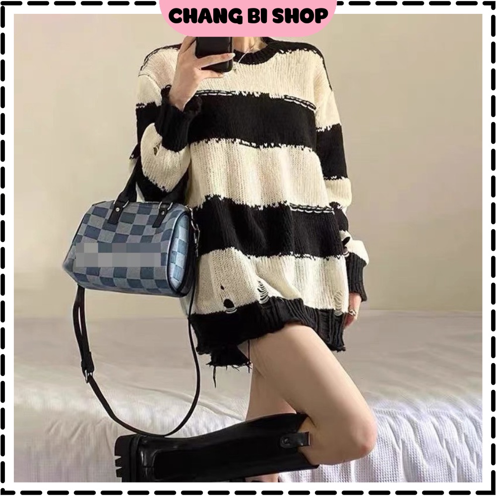Áo len form rộng giấu quần kẻ đen trắng Hàn Quốc thu đông Chang Bi Shop