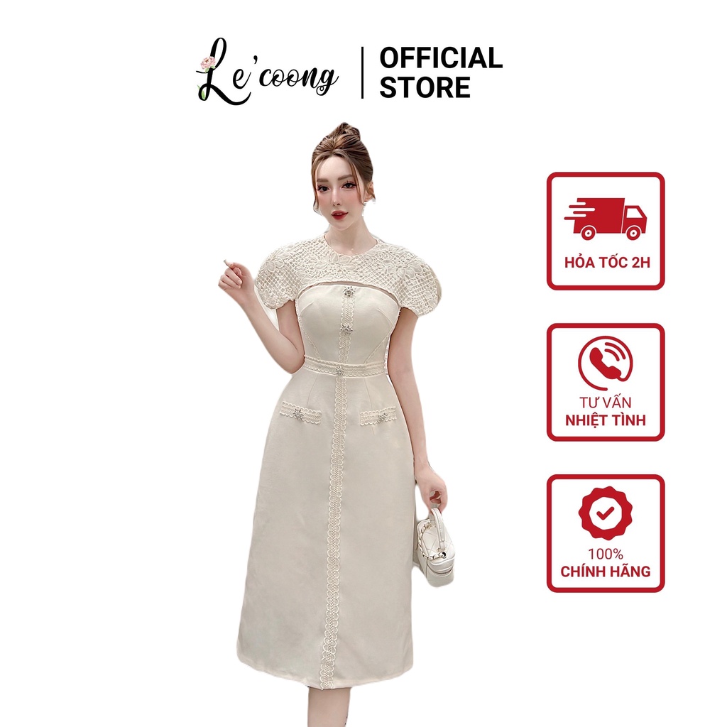 Đầm Dự Tiệc Sang Chảnh LECOONG V220 Màu Trắng Ren Ngực Tay Cánh Tiên Cao Cấp