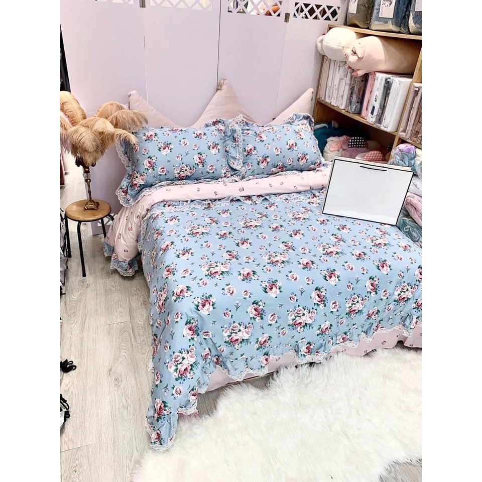 BỘ CHĂN GA GỐI COTTON LỤA BÈO REN CAO CẤP - PHONG CÁCH HÀN QUỐC