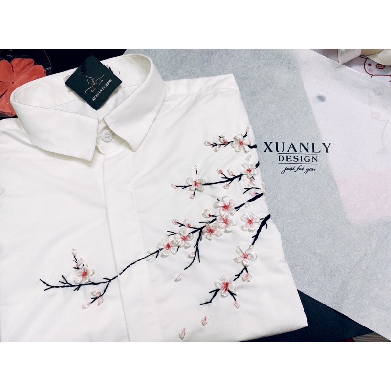Sơ Mi Thêu Tay. Ruy Băng Hoa Đào Unisex