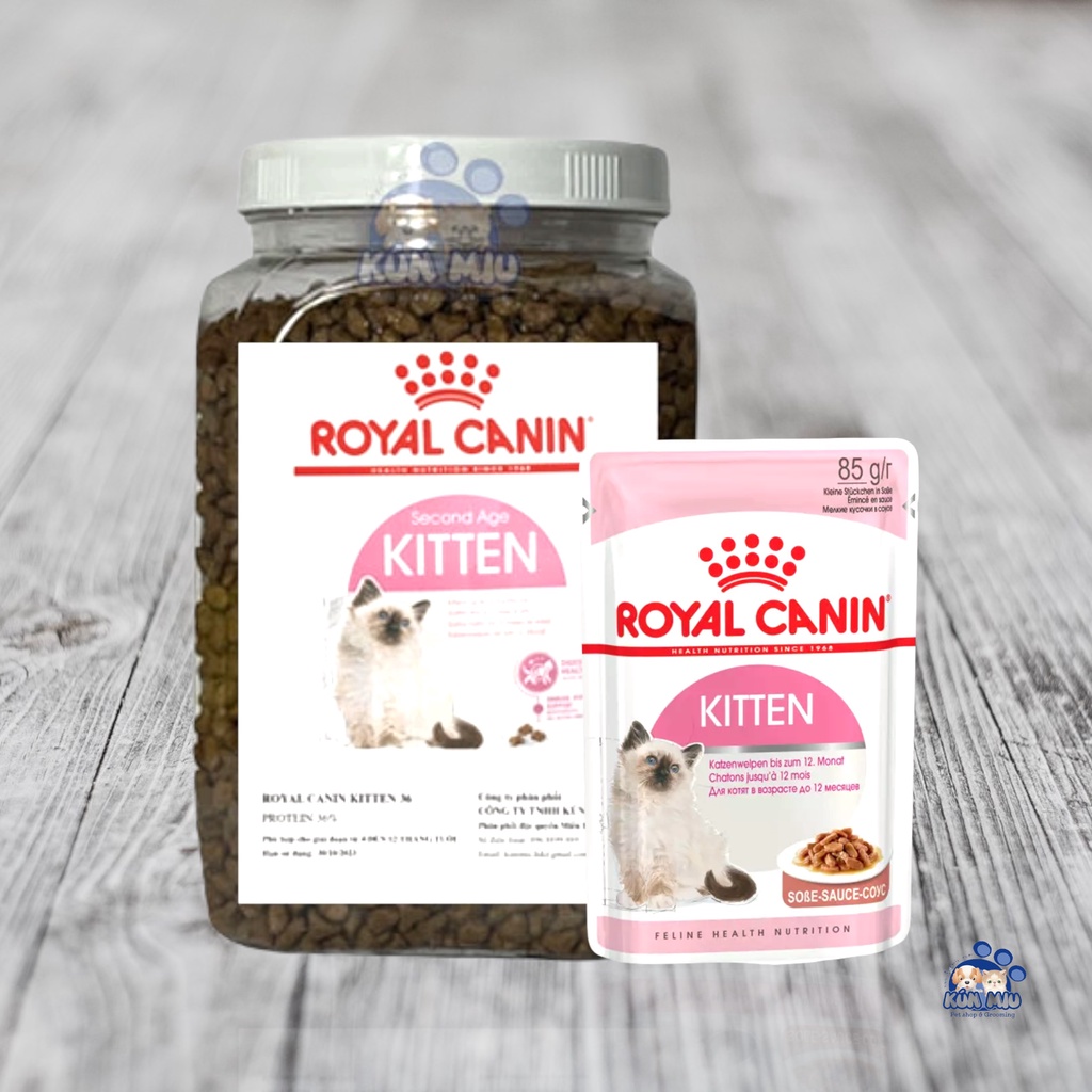 Bộ sản phẩm hộp 1kg Thức ăn khô dinh dưỡng và  1 gói pate 85g cho mèo con Royal Canin Kitten