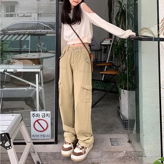 Quần jean SUXI lưng cao ống rộng phối túi phong cách cổ điển dành cho nữ