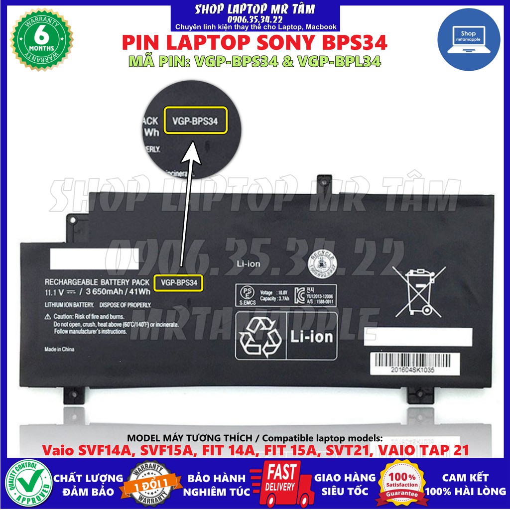 Pin Laptop SONY BPS34 (ZIN)  Vaio SVF14A, SVF15A, FIT 14A, FIT 15A, SVT21, VAIO TAP 21, VGP-BPS34 VGP-BPL34