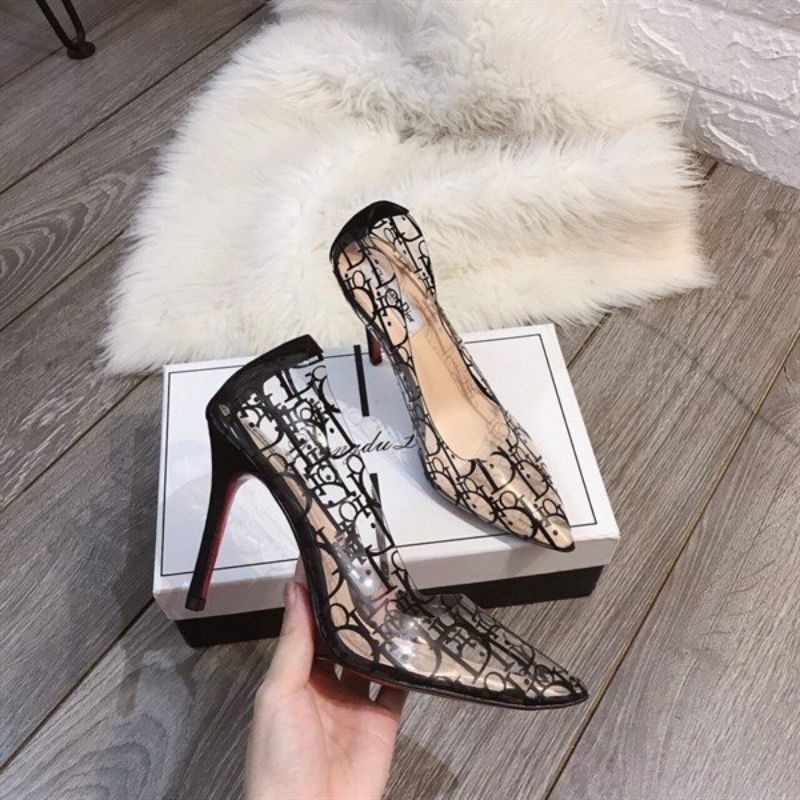 Giày cao gót Di.or xuất xịn trong suốt in chữ đen 9cm size 35 36 37