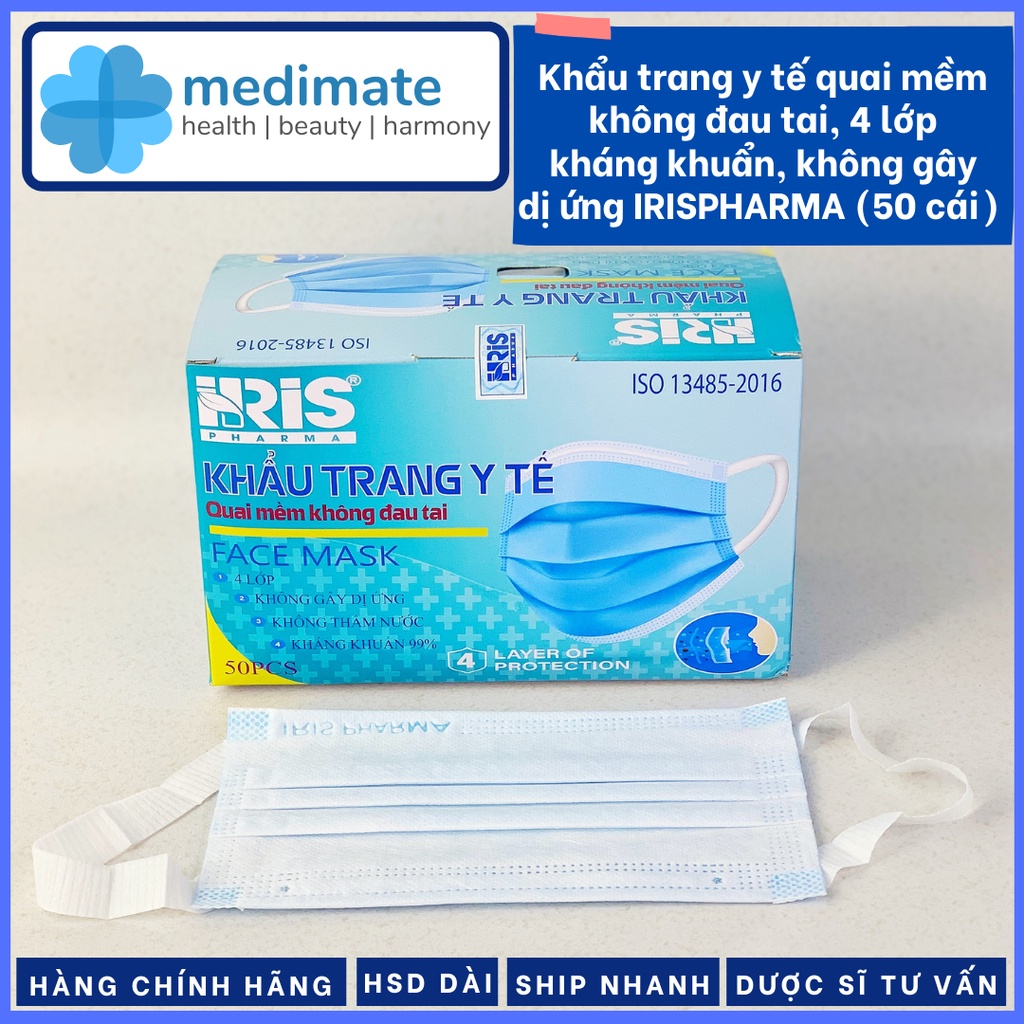 Khẩu trang y tế 4 lớp quai mềm không đau tai IRIS PHARMA (hộp 50 cái)