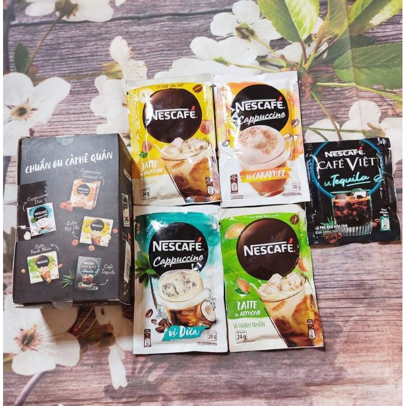 Combo 1 hộp NESCAFÉ: Cà Phê SôCôLa (1gói×20g) + Cappuccino Vị Caramel & Vị Dừa (1 góix20g)x2 .