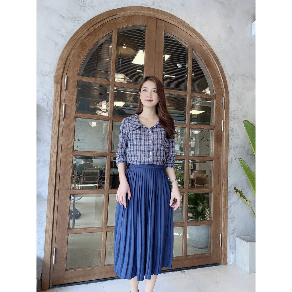 Áo Sơ Mi Caro Xanh. Áo Công Sở Tay Lỡ, Áo Nữ Kiểu Hàn Quốc A03 - Liin Clothing