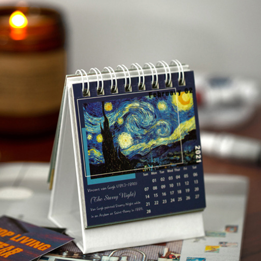 LLOYD Portable Oil Painting Coil Calendar 16 Design Desktop Decoration 2021 Desktop Calendar Timetable Mini School Office home Yearly Agenda Dates Reminder Organizer Office Supplies Daily Schedule