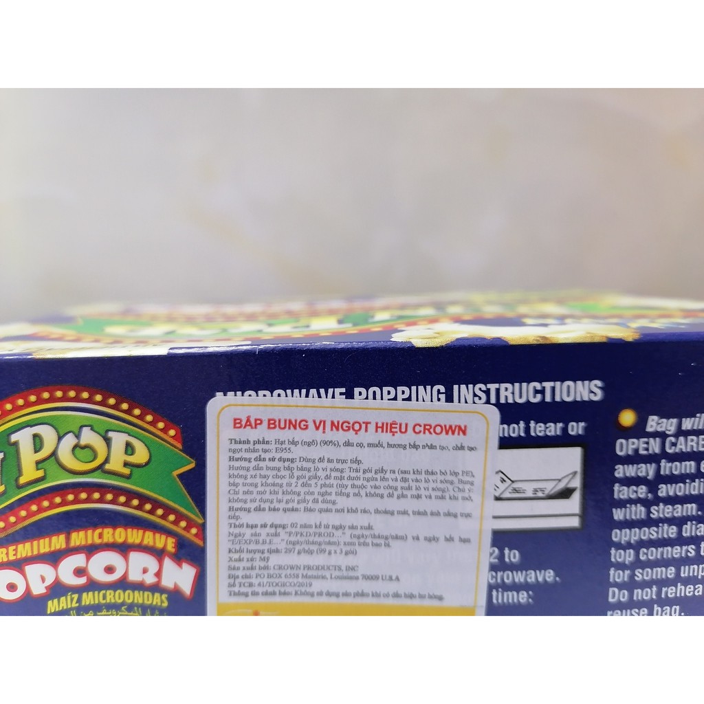 [Hộp 297g - Sweet] Bắp nổ (Bỏng ngô) vị Ngọt [USA] CROWN Premium Microwave Popcorn (tgc-hk) | BigBuy360 - bigbuy360.vn