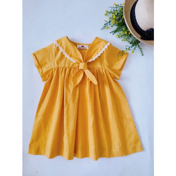 Đầm linen thủy thủ viền ren trắng cho bé gái