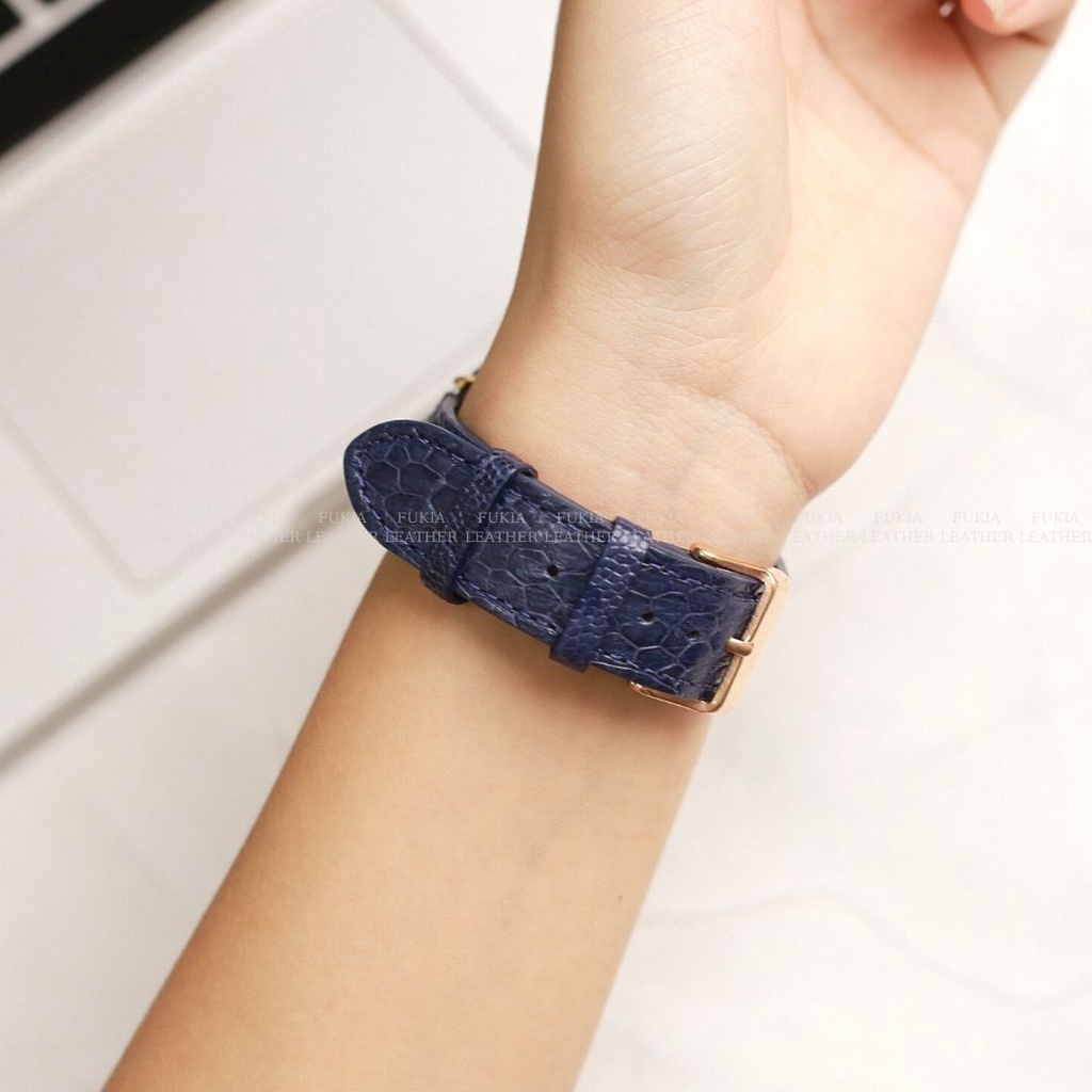 Dây da đà điểu thủ công xanh dương dành cho Apple Watch, đồng hồ thông minh, đồng hồ cơ