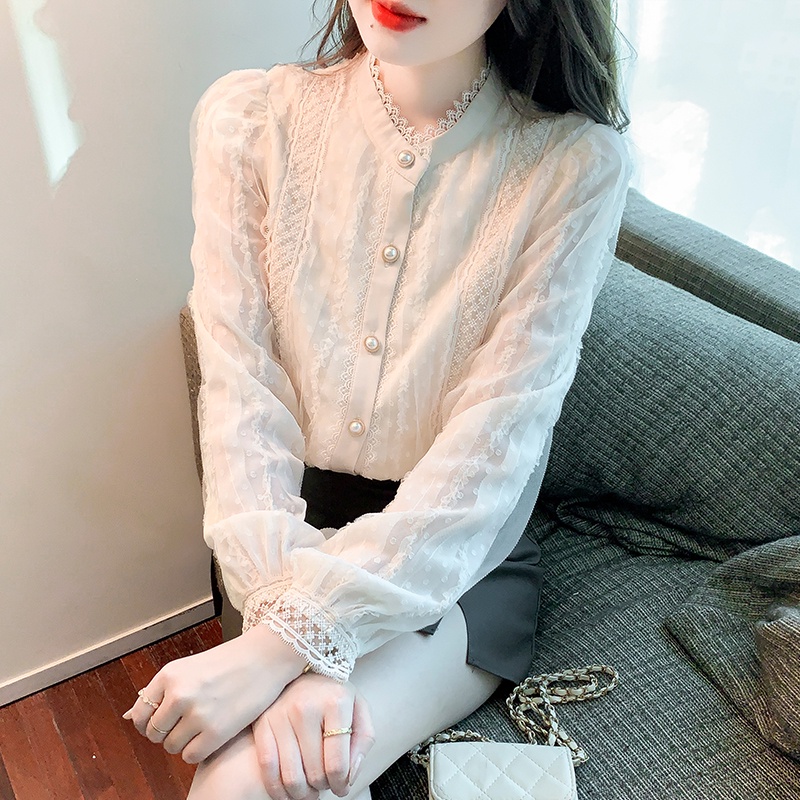 Áo Sơ Mi Chiffon Tay Dài Cổ Đứng Buộc Dây Kiểu Hàn Quốc Thời Trang Mùa Xuân 2022