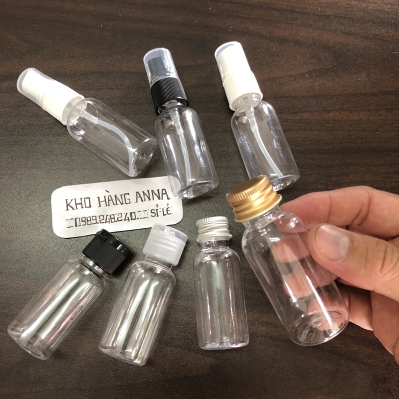 CHAI TRẮNG TRONG 30ml nhỏ thon dài - Chai nhựa Pet xịt nhỏ giọt/ xịt sương , vòi nhấn pumb, nắp bật, nắp nhôm, nhọn