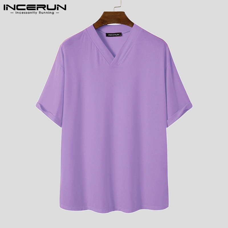 Áo thun nam INCERUN dáng thụng màu trơn tay ngắn cổ V thời trang thường ngày