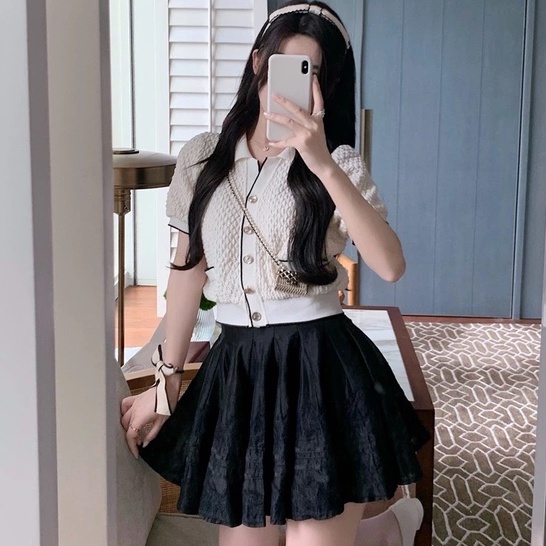 [ÁO CARDIGAN] Áo Croptop Nữ, Áo Dệt Kim Chất Len Xốp Cổ Bẻ Phối Chân Váy, Quần Siêu Xinh | BigBuy360 - bigbuy360.vn