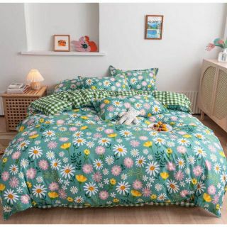 Bộ chăn ga gối cúc họa mi caro xanh
