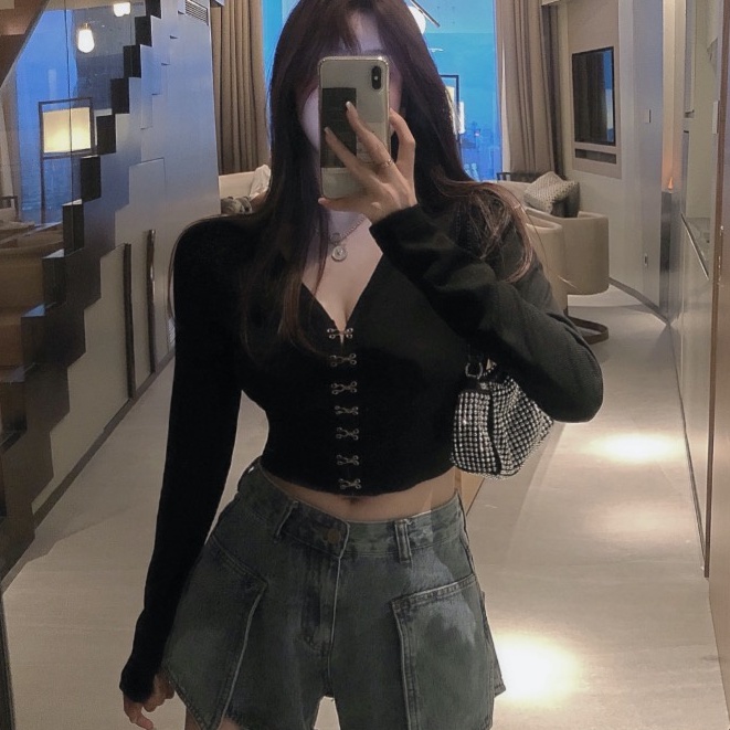 Cocory vn Áo croptop dệt kim tay dài cổ chữ V dáng ôm phong cách retro quyến rũ dành cho nữ