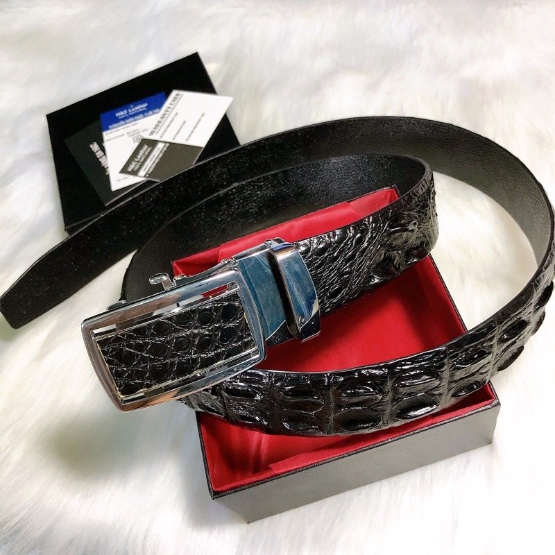 Dây thắt lưng da cá sấu thật, 3.8 cm, màu đen, da lưng cá sấu, đầu nịt tự động