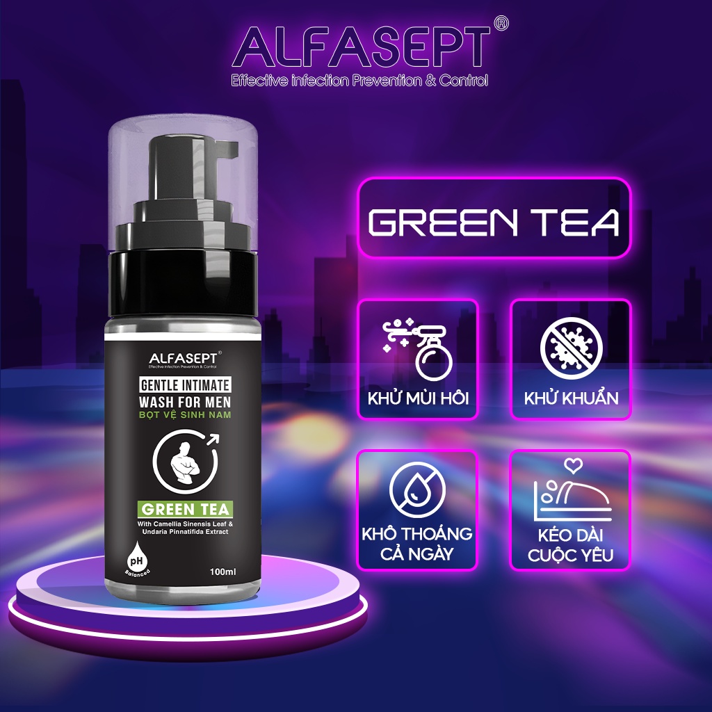 Dung Dịch Vệ Sinh Nam Tạo Bọt ALFASEPT Hương Nước Hoa Green Tea Tươi Mát Giúp Ngăn Ngừa Vi Khuẩn, Dưỡng Ẩm 100ml