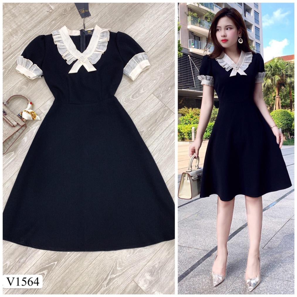 Váy đen xòe tay cổ phối V1564 - ( Ảnh mẫu và ảnh trải sàn do shop tự chụp ) chính hãng