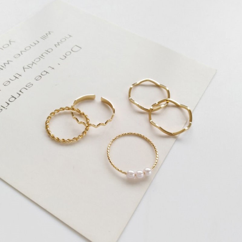 Set 5 Nhẫn Đeo Tay Kim Loại Đính Ngọc Trai Giả Vintage Cho Nữ