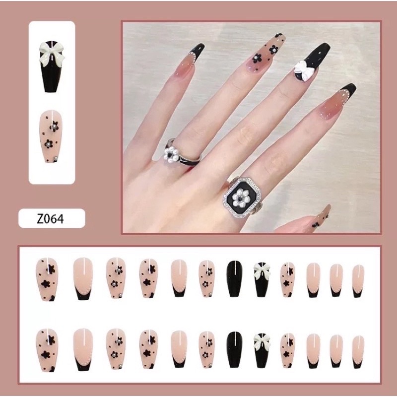 [Hàng mới về]Bộ 24 móng giả form dài đính charm nơ