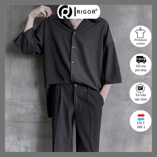 Áo sơ mi cộc tay cổ vest vải lụa tuyết mưa cao cấp RIGOR, áo sơ mi ngắn tay form rộng unisex