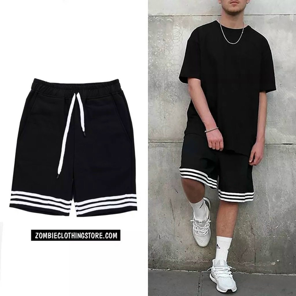 Quần short unisex ống rộng thoải mái unisex 3 SỌC NGANG nam nữ  sooc chất umi dày dáng thể thao màu đen năng động