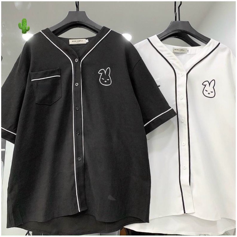 Áo sơ mi unisex, cổ chữ V phối viền - hàng may chuẩn đẹp - logo thỏ thêu xịn xò, Chất: kate hàn, Size: <55kg
