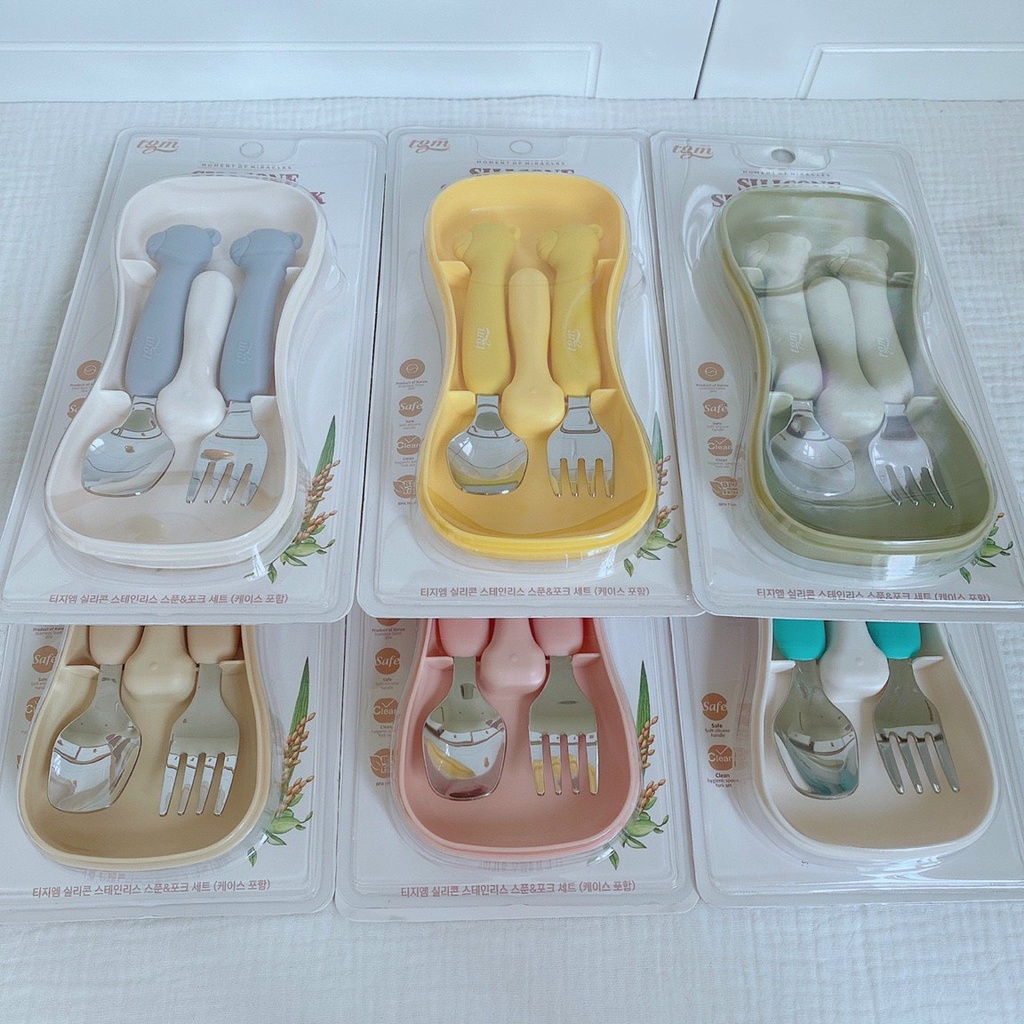 Set muỗng / thìa nĩa TGM hình gấu Hàn Quốc tay cầm dài Silicone SPOON & FORK cho bé từ 2 tuổi