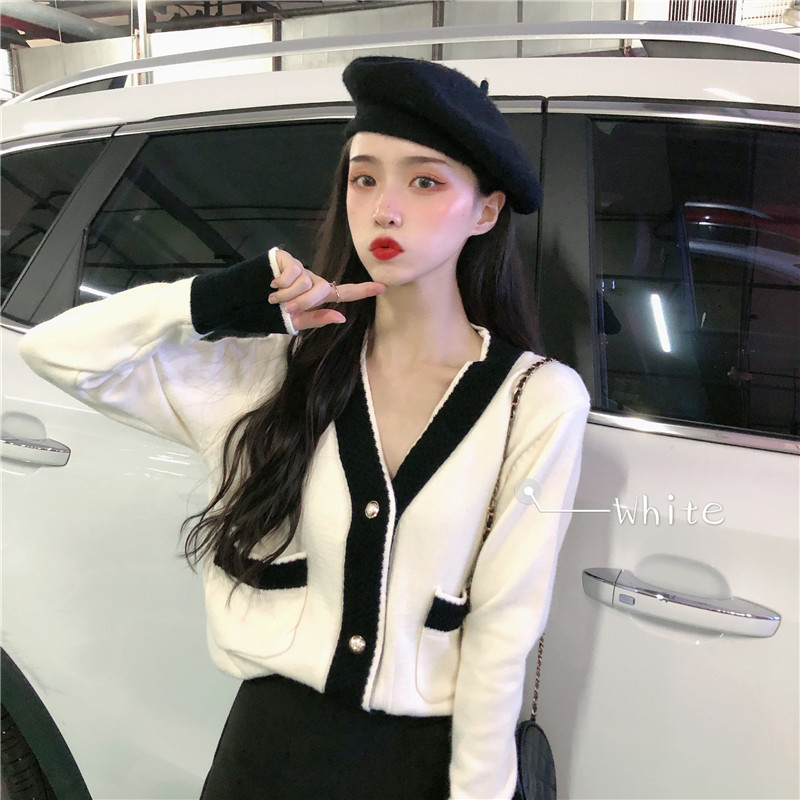 Áo Khoác Cardigan Dệt Kim Mỏng Tay Dài Cổ Chữ V Phối Màu Dễ Thương 173050 Chanel