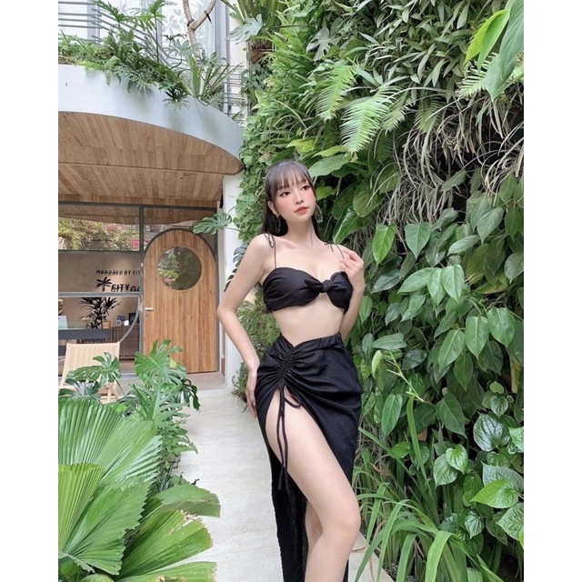 Bikini nữ đi biển 3 mảnh nơ ngực kèm chân váy dây rút 2 màu