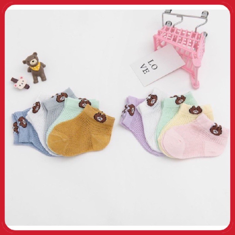 Set 5 đôi tất lưới cho bé, set tất lưới gấu sắc màu mềm mại co giãn - Monnie Kids
