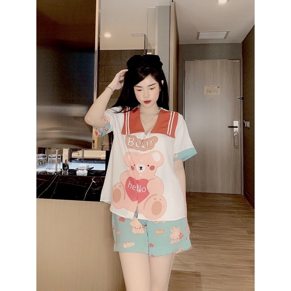 [Hàng mới về] Đồ bộ mặc nhà LỤA MANGO đùi ngắn cổ vuông thuỷ thủ cực xinh và đáng yêu cho bạn nữ