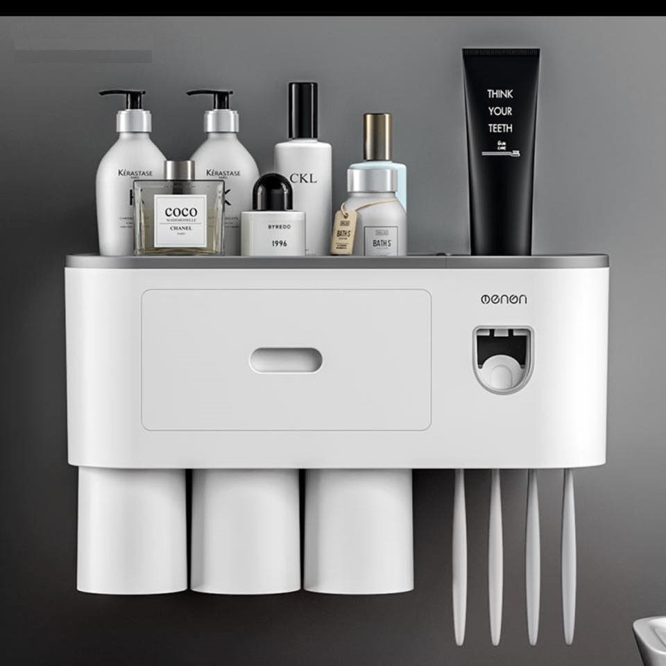 Bộ nhả kem đánh răng tự động, kệ treo bàn chải đánh răng không khoan tường, tặng cốc từ tính đi kèm.