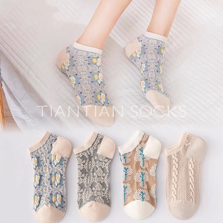 TIAN TIAN T156 Vớ Thuyền Cotton Thêu Nổi Ba Chiều Cổ Điển Phong Cách Hoàng Gia Nhật Bản Dễ Thương Thời Trang Xuân Hè Cho Nữ Dễ Phối Đồ
