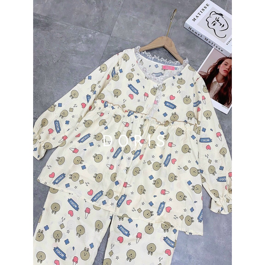 Bộ Bầu và Sau Sinh cổ pha ren chất xốp nhăn, có khóa kéo cho bé ti - BD89