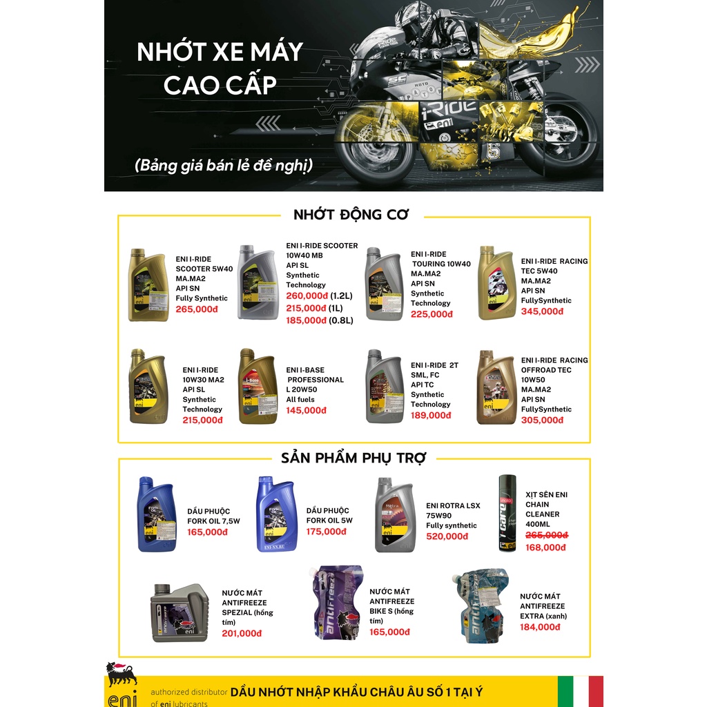 Nhớt Eni Ride Scooter MB 10W40 dành cho xe ga nhập khẩu Ý