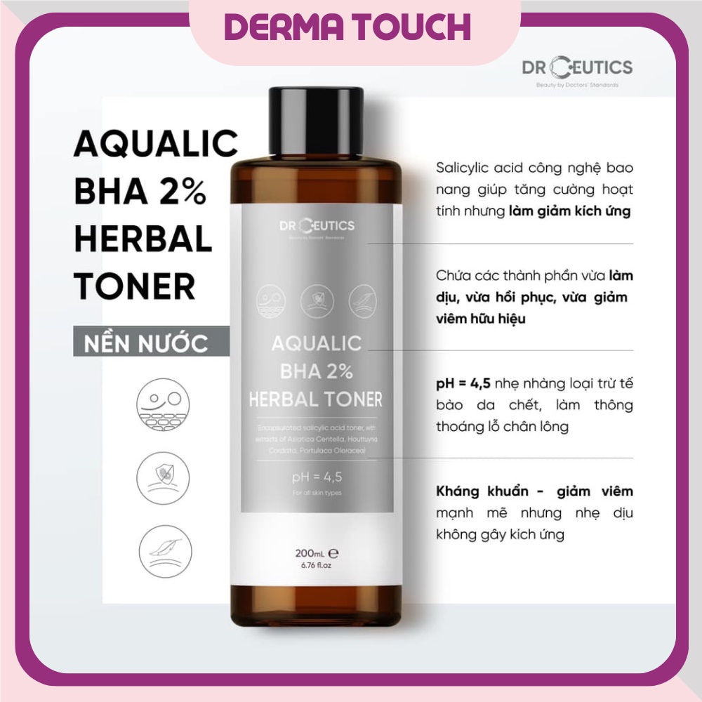 Toner 2% BHA DrCeutics-Tẩy Tế Bào Chết, Làm Sạch Sâu, Hỗ Trợ Giảm Mụn-𝐀𝐥𝐜𝐨𝐡𝐨𝐥𝐢𝐜 𝐁𝐡𝐚 𝟐% 𝐓𝐡𝐞𝐫𝐚𝐩𝐲-𝐀𝐪𝐮𝐚𝐥𝐢𝐜 HerbalToner 200mL
